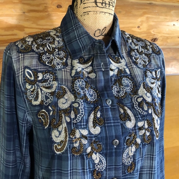 Free People Stevie's Embellished Plaid Shirt Tunic in blue size M - Picture 7 of 11